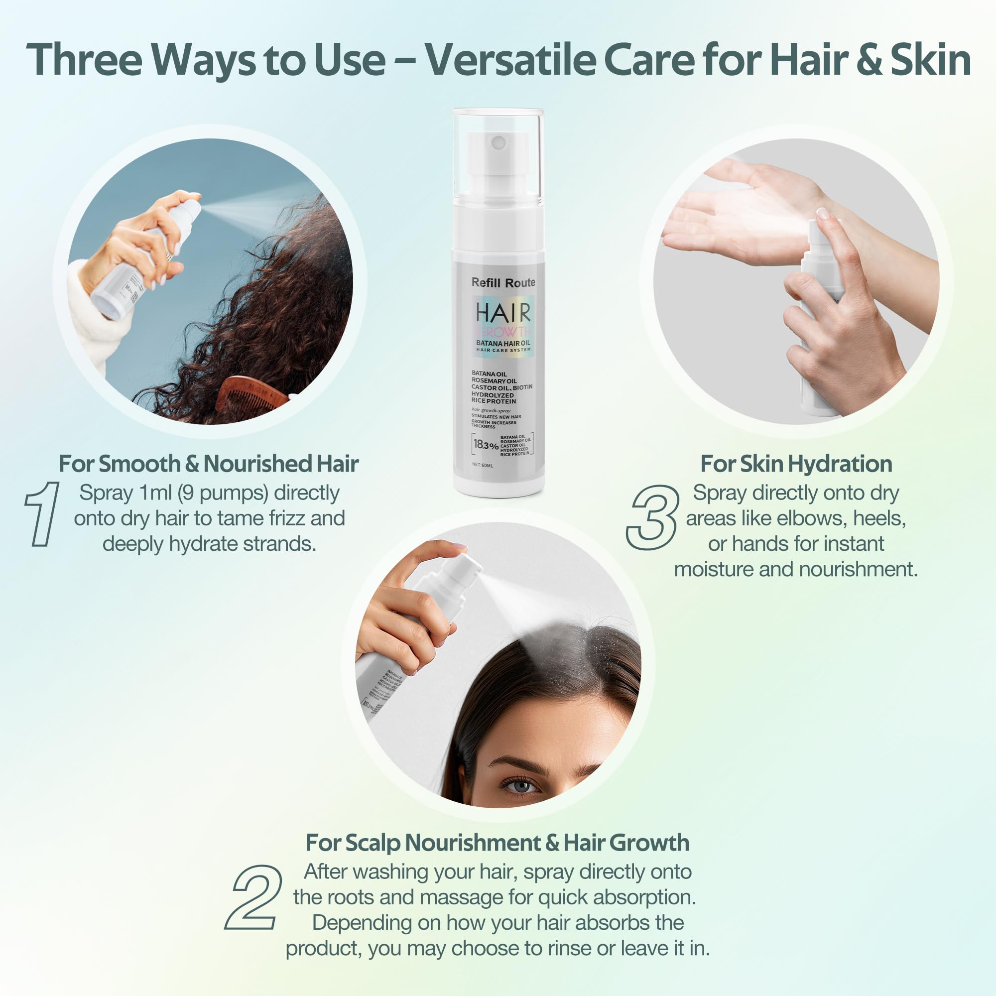 Batana Oil for Hair Growth Spray - Natural Raw Batana Oil Hair Regrowth Treatment for Women/Men with Rice Water, Biotin, Castor, Rosemary for Thicker, Stronger Hair - Vegan Hair Growth Spray