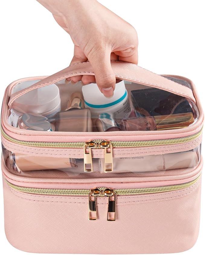 imerelez Pink Makeup Bag, Leather Double Layer Makeup Bag,Travel Accessories Toiletry Bag for Women,Travel Essentials Cosmetic Bag