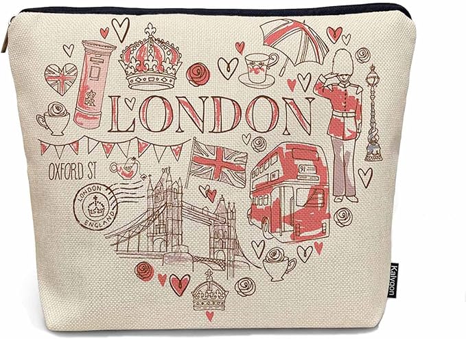 Kalygon Women Makeup Organizer Bag London, Heart Shape I Love London Quote Flax Cosmetic Bag Makeup Bags Toiletry Bag Accessories Organizer Travel Bags For Home Bathroom Office Hotel Gym