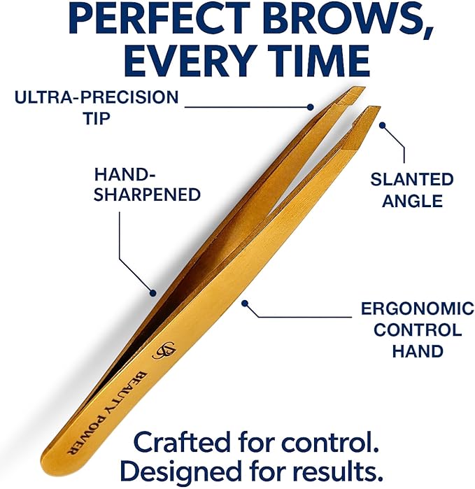 Beauty Power Tweezers for Women Facial Hair: Ultra Precision Tweezers for Women & Men, Sharp Slant Tweezer for Eyebrows, Ingrown Hair Removal. Professional Plucker + Case, German Stainless Steel Gold