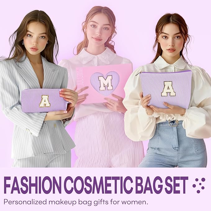 2 PCS Initial Makeup Bags for Women: Cosmetic Bag for Travel Toiletry - Birthday Gifts for 11 12 13 14 15 16 17 18 Years Old Girl Graduation Teacher Gift- Teen Girl Gifts Trendy Stuff - Purple H