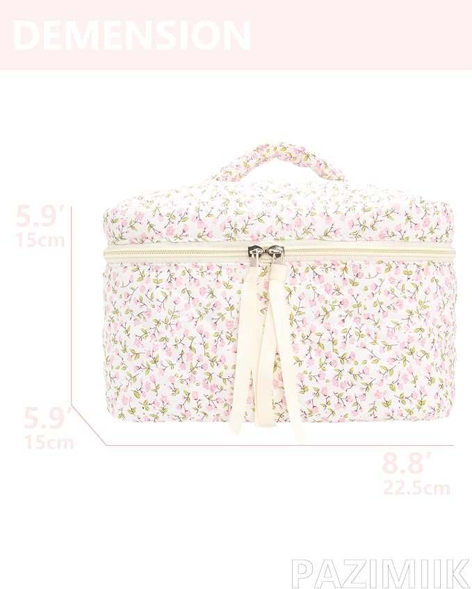 Quilted Makeup Bag for Women, Travel Cosmetic&Toiletry Bag,Floral Pink
