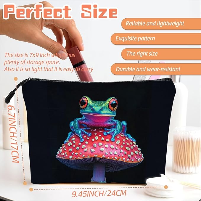 Scribesense Cosmetic Bags Travel Makeup Toilet Case Waterproof Pouch for Women Girls 6.7X9.45inches - Colorful Frog on A Red Mushroom