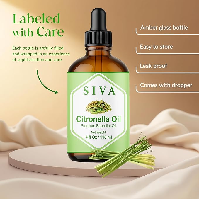Siva Citronella Essential Oil, Glass Bottle with Dropper, 4 Fl Oz (118 ml)