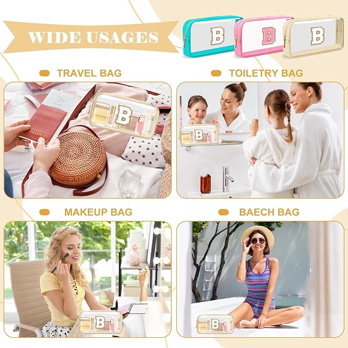 Personalized Initial Letter Clear Makeup Bag,Preppy Small Nylon&PVC Cosmetic Zipper Bag with Chenille Letter,Portable Beach Travel Skincare Toiletry Bag,Trendy Monogram Gift for Teen Girls Women,B