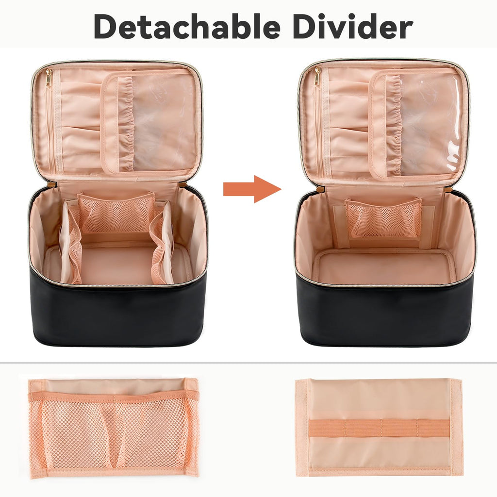 OCHEAL Travel Makeup Bag, Cosmetic Bags for Women Makeup Case Organizer Large Capacity Travel Toiletry Bag Storage Bags with Divider and Handle for Cosmetics Toiletries Brushes Tools-Large, Black