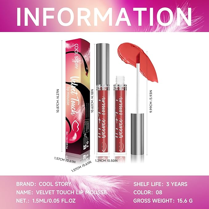 COOL STORY Waterproof Matte Lip Mud Lip Mousse,Vibrant Orange‑Red Pigmented Lipstick, Non‑Fade Long‑Wearing Velvet Lip Cosmetic for All Skin Tones,Shade #08 Citrus Pop