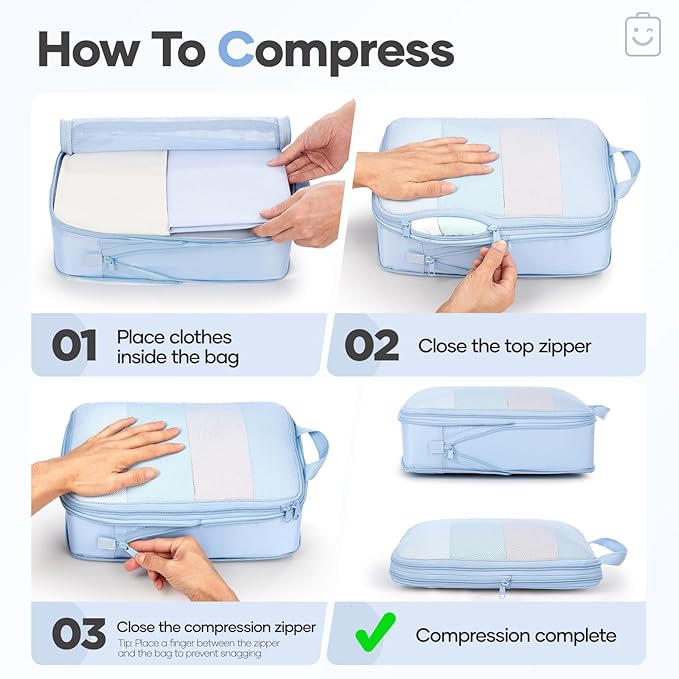 Veken 11 Set Compression Packing Cubes Garment Bags for Travel Essentials,Compressible Expandable Luggage Organizer Bags for Clothing,Space Saver Bags with Over 1000 pcs of Mesh Holes(Light Blue)