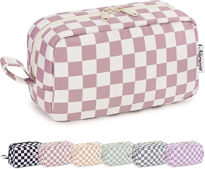 Narwey Checkered Makeup Bag, Travel Cosmetic Bag Organizer, Toiletry Bag Make Up Bags with Organized Pockets for Women (Dusty Rose Checkerboard, Large)