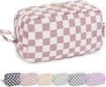 Narwey Checkered Makeup Bag, Travel Cosmetic Bag Organizer, Toiletry Bag Make Up Bags with Organized Pockets for Women (Dusty Rose Checkerboard, Large)