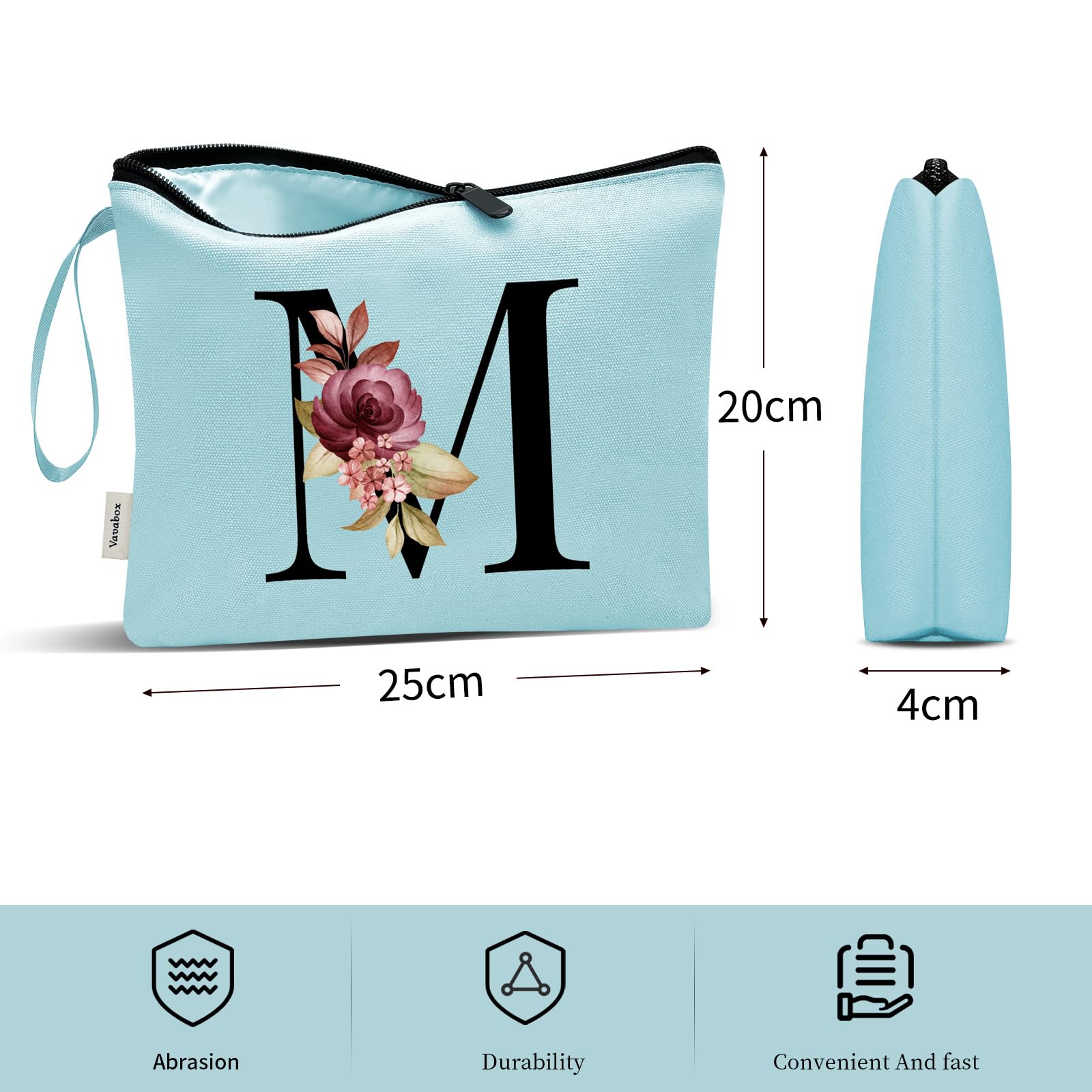 Vavabox A-Z Personalized Makeup Bag, Birthday Gifts for Women Mom, Gifts for Best Friend, Bride Bridesmaid Cosmetic bag (M, Aqua)