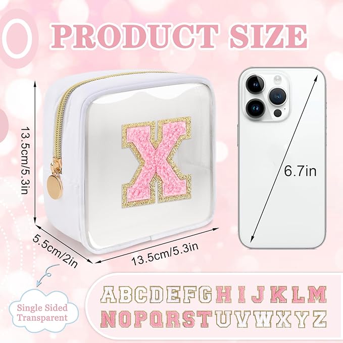 Iqimott Mini Clear Personalized Initial Makeup Bag, Small Preppy A-Z Chenille Letter Patch Cosmetic Pouch, Transparent PVC & Nylon Waterproof Zip Beach Toiletry Bag,Gift for Women Girls(White-Pink X)
