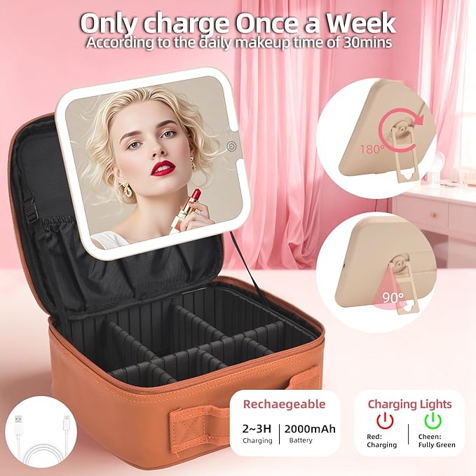 Yaliang Travel Makeup Bag, Portable Makeup Case with LED Mirror, Removable Mirror with 3 Color Modes, 8 Adjustable EVA Dividers for Brushes Toiletry Jewelry Digital Accessories, Tangerine