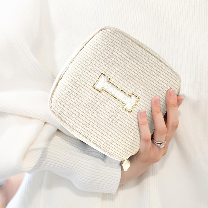 Cute Makeup Bag for Women - Monogram Personalized Initial Makeup Bags Cosmetic Pouch Make Up Case for Women Her Best Friend Friendship Sister Teacher, Birthday Gifts for Women (Letter I, Beige)