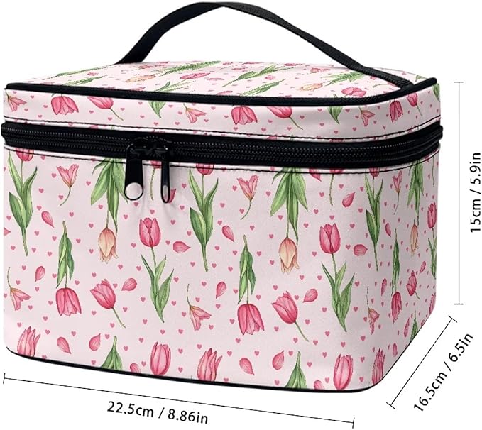 Drydeepin Pink Tulip Floral Heart Print Travel Makeup Bags for Women Portable Tote Cosmetic Case with Carry Handle Toiletry Accessories Storage Organizer Bags for Valentine's Day Mother's Day