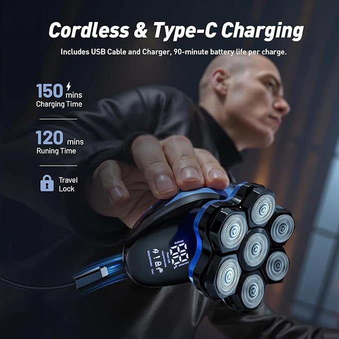 Clforczh Electric Head Shaver for Bald Men PRO,2025 Upgraded 7D Magnetic Detachable Head Shaver,IPX7 Waterproof Wet/Dry,Type-C Fast Charging with LED Display,Grooming Kit,Travel Lock,Green