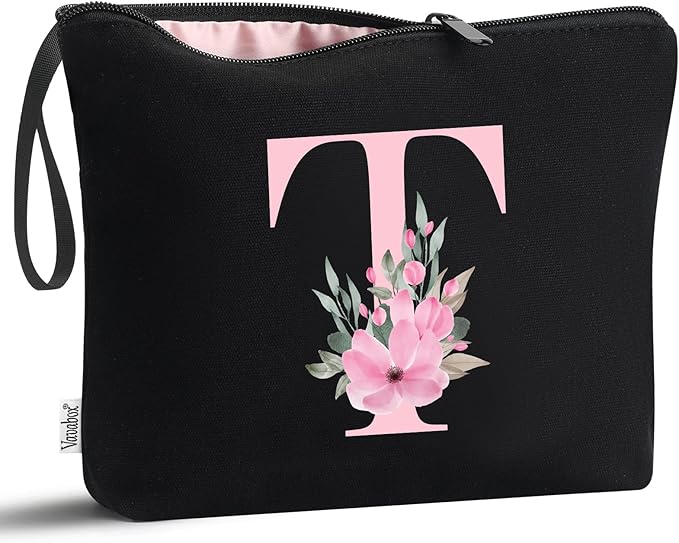 Vavabox A-Z Personalized Makeup Bag, Birthday Gifts for Women Mom, Gifts for Best Friend, Bride Bridesmaid Cosmetic bag (T, 02-Black)