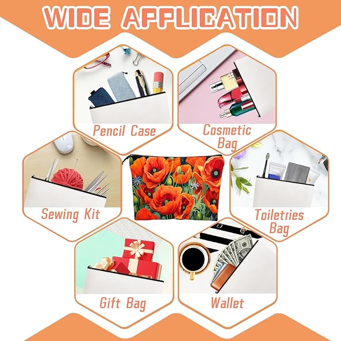 Scribesense Cosmetic Bags Travel Makeup Toilet Case Waterproof Pouch for Women Girls 6.7X9.45inches - Vibrant Orange Poppies With Greenery