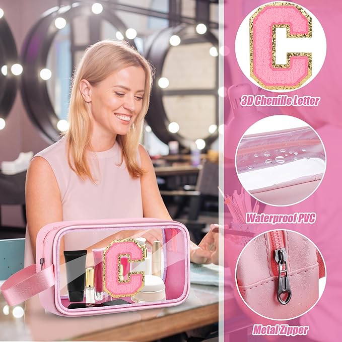 Initial Makeup Bag,Letter C Cute Clear Monogrammed Cosmetic Travel Bag for Womens Girls,Personalized Pink Aesthetic Traveling Make Up Organizer Bag for Beach,Waterproof Toiletry Bag