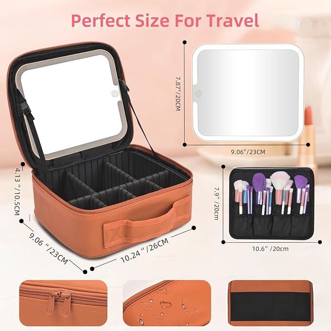 Yaliang Travel Makeup Bag, Portable Makeup Case with LED Mirror, Removable Mirror with 3 Color Modes, 8 Adjustable EVA Dividers for Brushes Toiletry Jewelry Digital Accessories, Tangerine