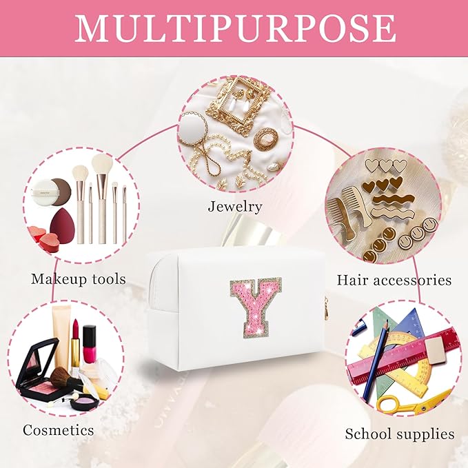 Initial Letter Patch Makeup Bag, Preppy Glitter Pouch Cosmetic Bag, Small PU Travel Toiletry Bag Zipper, Personalized Monogrammed Gift for Friends, Sisters & Teens (Letter Y)