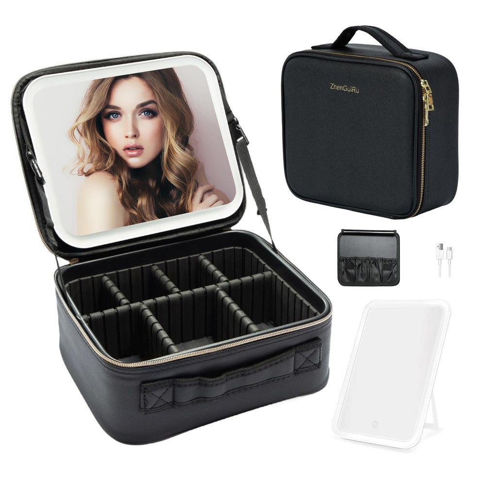 ZhenGuiRu Travel Makeup Bag with LED Mirror – Waterproof Cosmetic Train Case with Adjustable Dividers, Portable Makeup Organizer and Toiletry Bag for Women, Teens & Girls Gift, Black