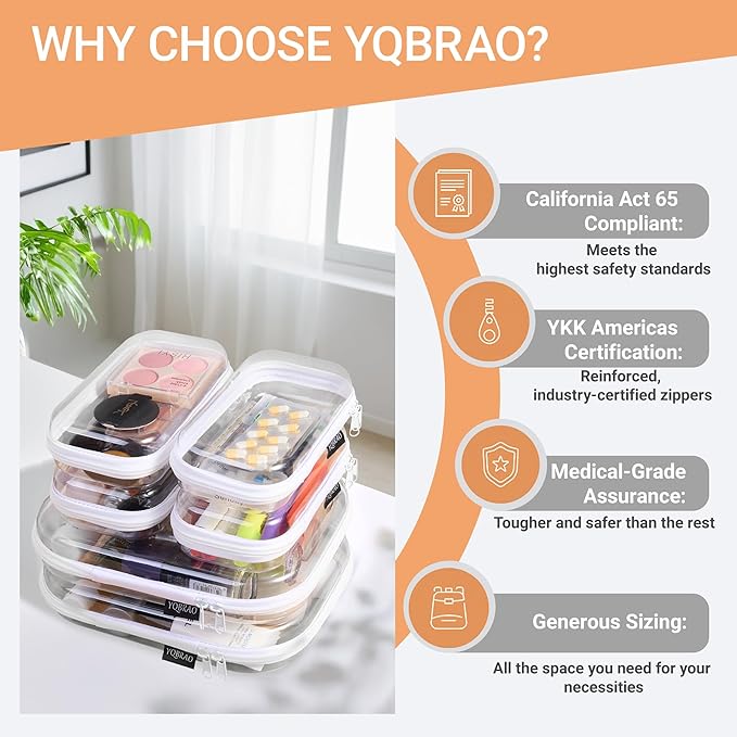 YQBRAO 6 Pack Clear Hard Shell Beauty Organizer (2M+4S), 1.2mm Crush-Proof Cosmetic Case, Reinforced YKK Zippers, Stadium Approved Security Bag for Skincare, Toiletries & Electronics, Multi-Size Set