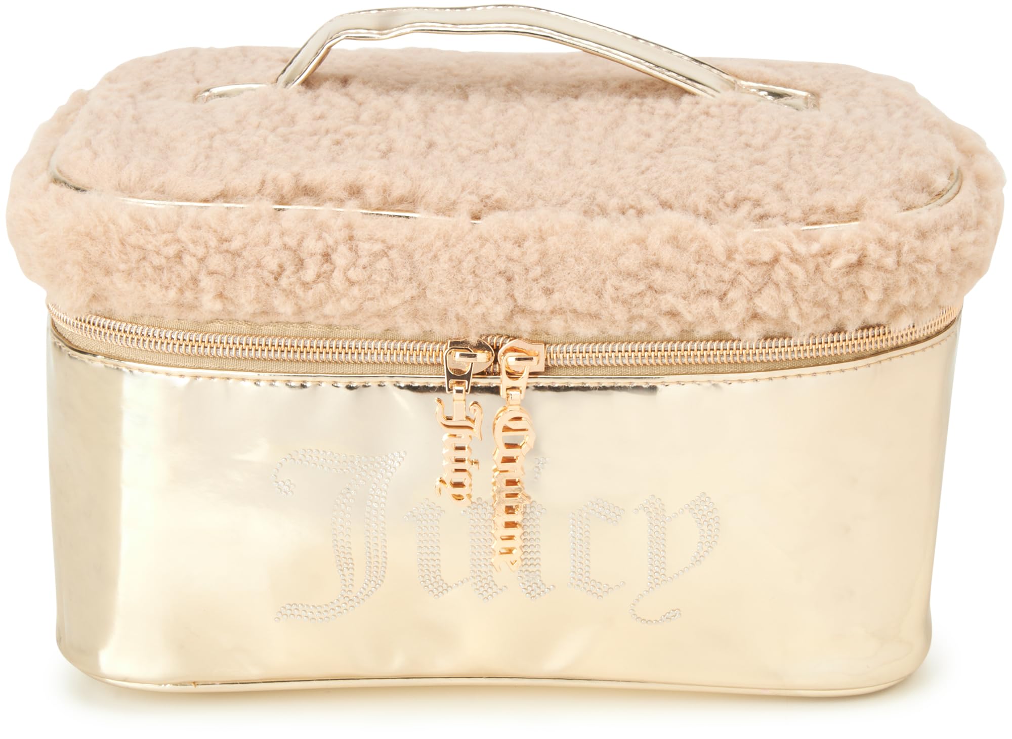 Juicy Couture Gold Makeup Bag Cosmetics Organizer Travel Essentials Train Case Shiny Rhinestones Faux Shearling