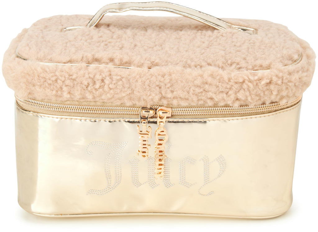 Juicy Couture Shiny Gold Makeup Bag, Faux Shearling Train Case, Rhinestones