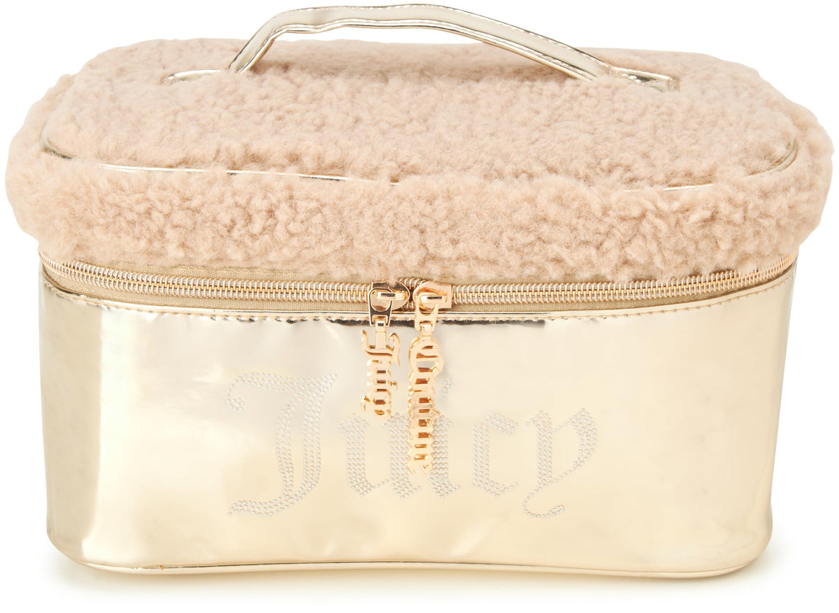 Juicy Couture Shiny Gold Makeup Bag, Faux Shearling Train Case, Rhinestones