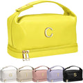 Girl Gift Ideas, Travel Makeup Bag with Handle, Initial Double Layer Cosmetic Bag with Makeup Brush Organizer, Cute Cosmetic Pouch for Women, Birthday Gifts for 8 9 10 11 12 13 Year Old Girls