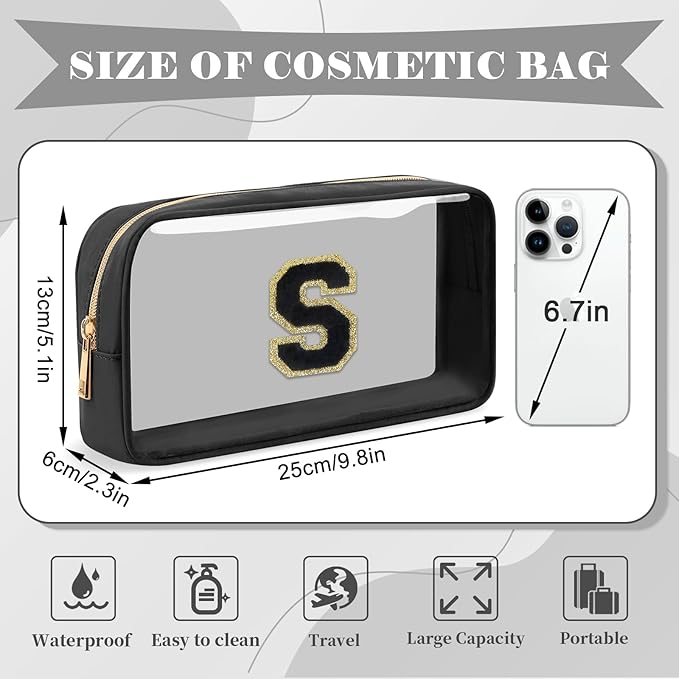 UIXIZQ Personalized Initial Letter Clear Makeup Bag,Preppy Small Nylon&PVC Cosmetic Zipper Bag with Chenille Letter,Travel Skincare Toiletry Bag,Monogram Christmas Gift for Teen Girls Women,S