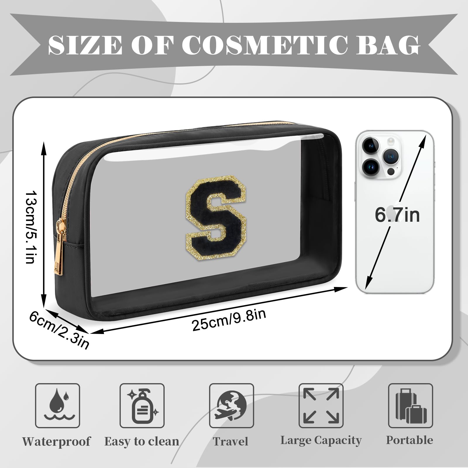 UIXIZQ Personalized Initial Letter Clear Makeup Bag,Preppy Small Nylon&PVC Cosmetic Zipper Bag with Chenille Letter,Travel Skincare Toiletry Bag,Monogram Christmas Gift for Teen Girls Women,S