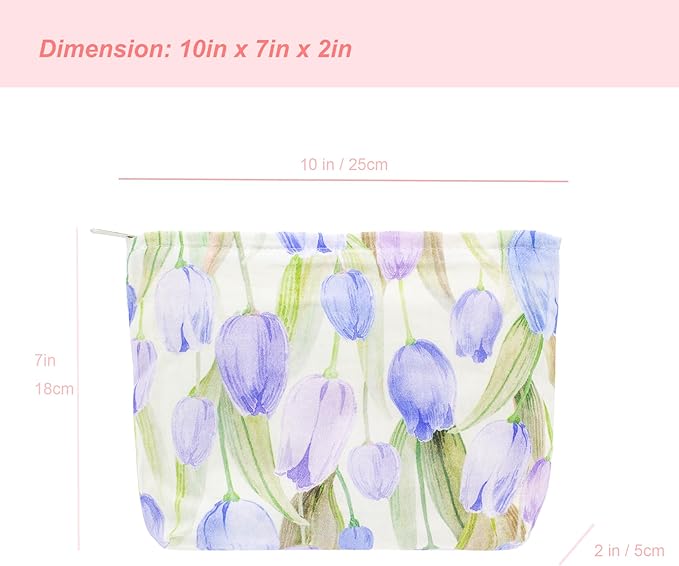 Flat Makeup Bag for Women,Zipper Cosmetic Pouch for Purse,Tulip Purple