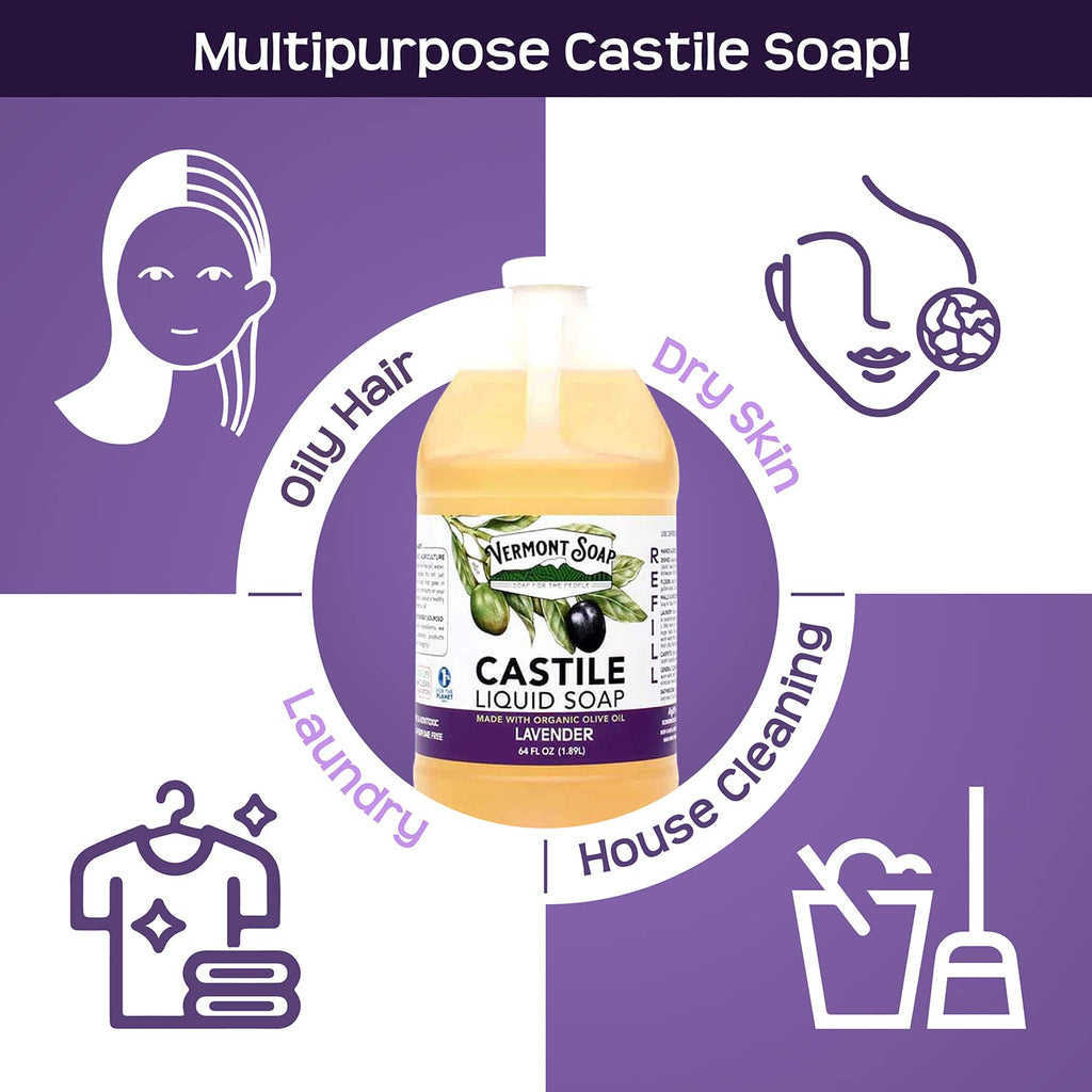 Vermont Castile Soap Lavender, Gentle Liquid Soap for Sensitive Skin & Natural Body Wash, Organic Hair Shampoo for Oily Hair, Aloe Castile Soap for Men & Women - 64 Oz