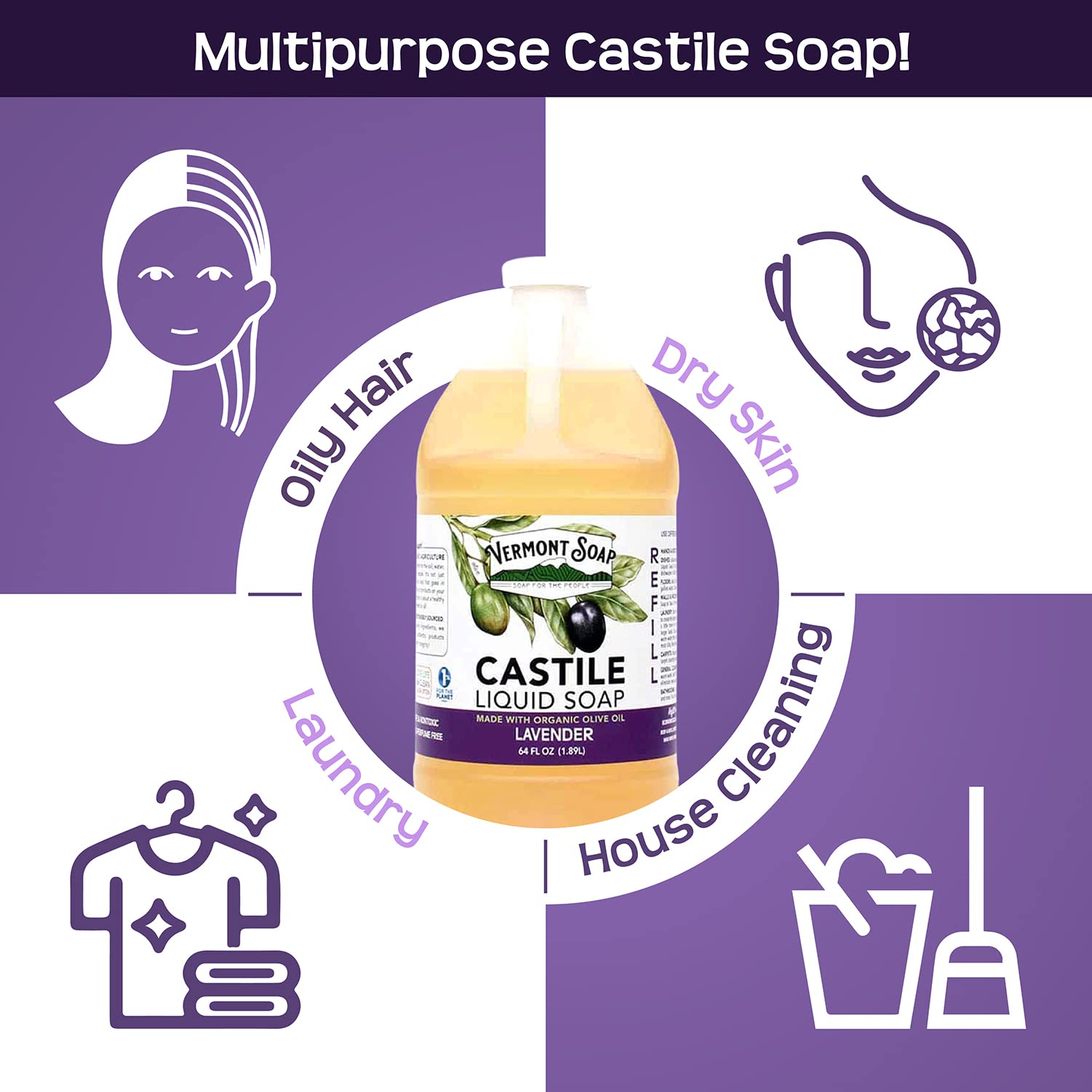 Vermont Castile Soap Lavender, Gentle Liquid Soap for Sensitive Skin & Natural Body Wash, Organic Hair Shampoo for Oily Hair, Aloe Castile Soap for Men & Women - 64 Oz
