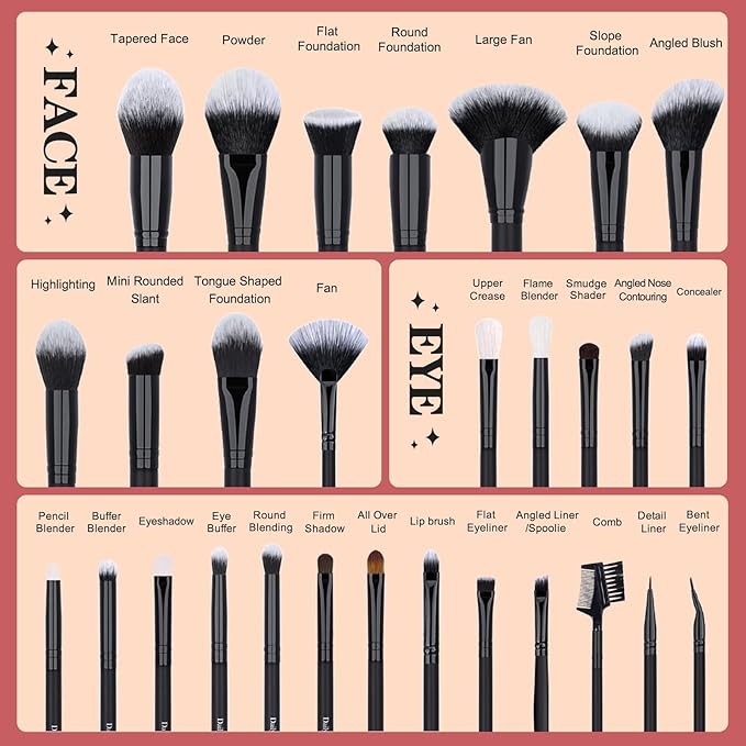 Daily Queen 29pcs Black Professional Makeup Brush Set Kabuki Powder Concealers Eye shadows Blush Eyeliner Eyebrow Contour Eye blending Brushes (29pcs brush)