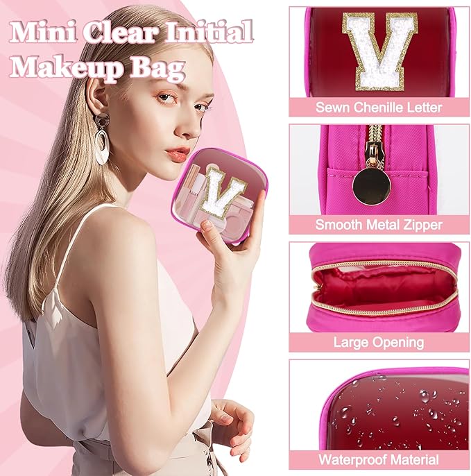 Mini Clear Personalized Initial Makeup Bag,Small Nylon Waterproof Zip Beach Cosmetic Pouch,Preppy A-Z Chenille Letter Patch Cute Coin Purse Travel Toiletry Bag Car Pack Bag for Women(Hot Pink-White V)