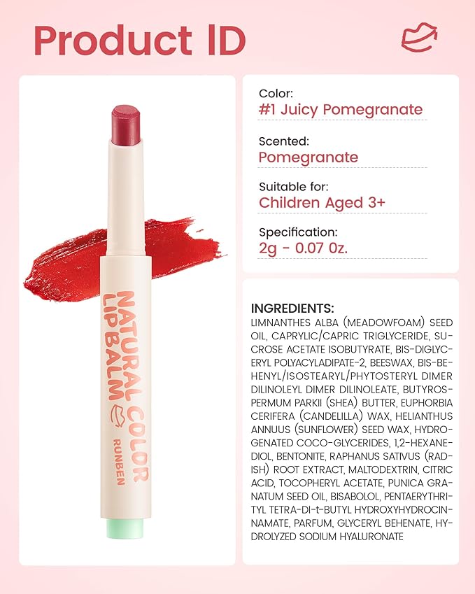 RUNBEN Kids Tinted Lip Balm, Juicy Pomegranate Lipstick