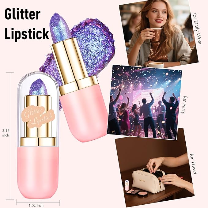Wugbc Glitter Lipstick Makeup, Rose Purple Holographic Metallic Lip Stick Long Lasting Lightweight Non-Sticky Hydrating Lip Tinted Full Coverage High-Shine Sparkling Chameleon Lipstick for Women