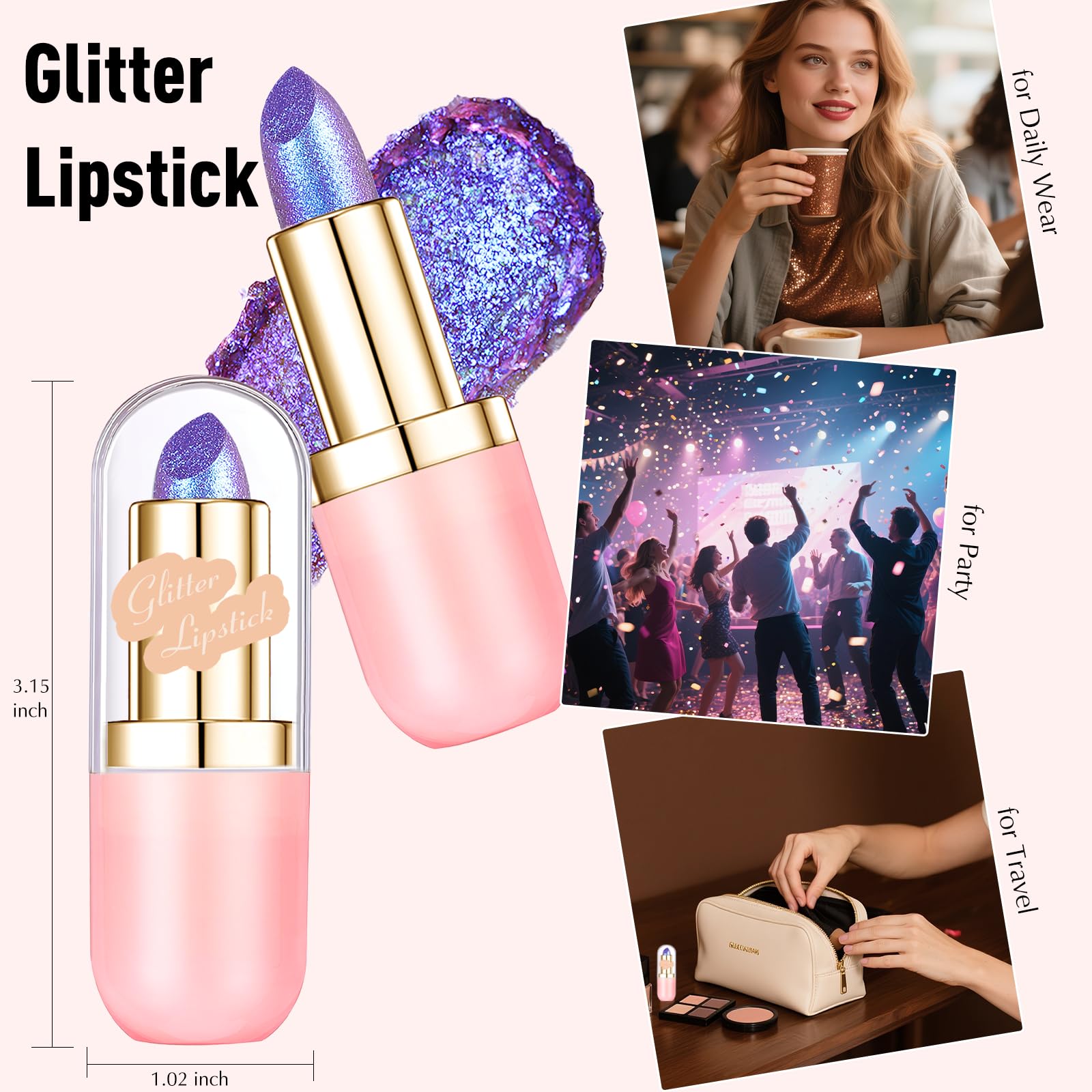 Wugbc Glitter Lipstick Makeup, Rose Gold Holographic Metallic Lip Stick Long Lasting Lightweight Non-Sticky Hydrating Lip Tinted Full Coverage Sparkling Chameleon Lipstick for Women