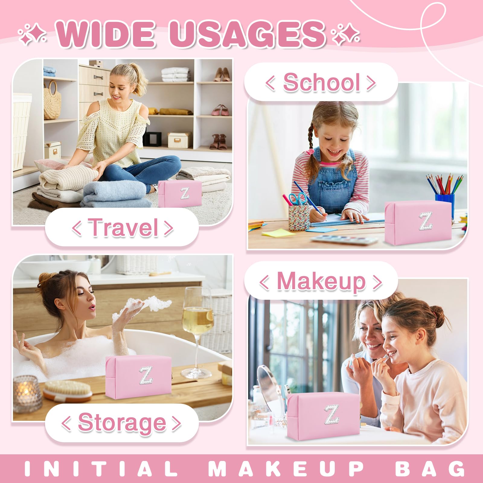 ChaoGreat Bride Gifts – Personalized Initial Makeup Bag with Pearl Rhinestone Patch, Preppy Pink Monogram Cosmetic/Toiletry Pouch, bridesmaid Gifts, Bridal Shower Gifts, Wedding Gifts, Bridal Gifts,Z