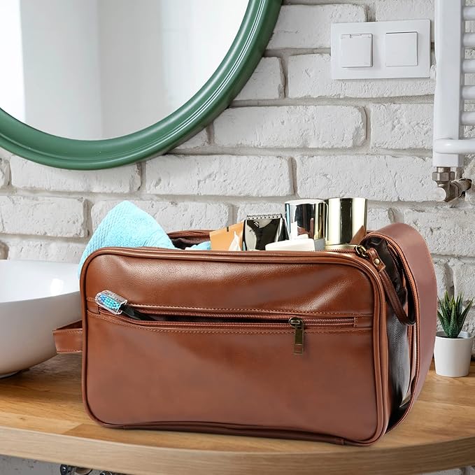 BNSPOCKET Personalized Leather Travel Toiletry Bag for Men, Large Travel Bathroom Shaving Dopp Kit, Large Cosmetic Bag Waterproof