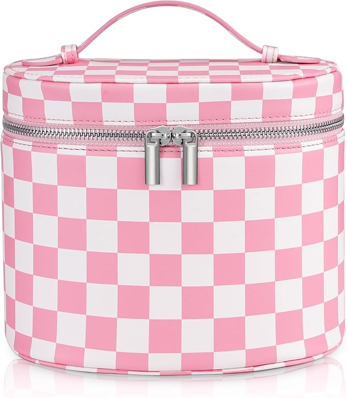 UUYUUY Makeup Bag Vanity Case Cosmetic Bag with Removable Divider Travel Toiletry Bag for Women Portable Make up Box Organizer, Pink and White