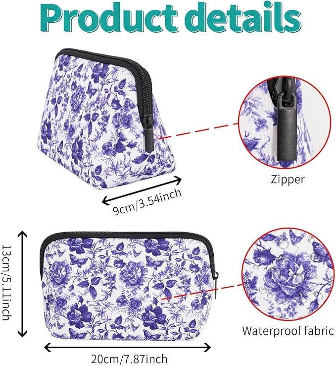 AJLTPA Waterproof Neoprene Cosmetic Bag, Blue & White Rose Floral