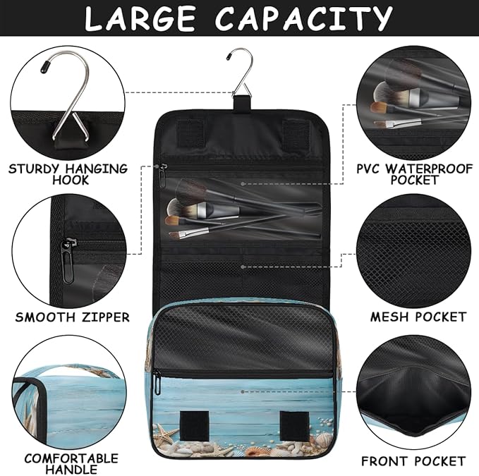YoYoYuchong Travel Toiletry Bag for Women & Men Ocean Blue Starfish Hanging Cosmetic Organizer Portable Waterproof Makeup Case Make Up Bag with Compartments Travel Essentials for Bathroom Shower