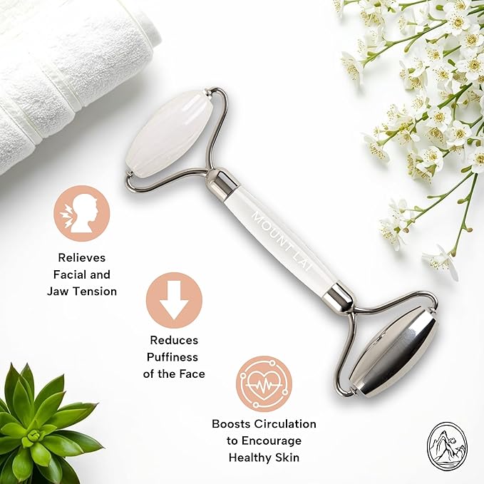 Mount Lai The Vitality Qi White Jade & Stainless Steel Face Roller - The Stone of Harmony and Clarity, Facial Massager Tool for Soothing, Refreshing & Radiant-Looking Skin, Self-Care Ritual