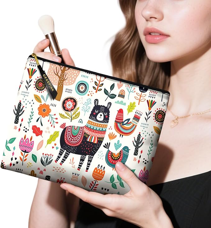 GEGEPINK Cute Makeup Bag for Purse Waterproof Cosmetic Bags for Women Funny Smooth Zipper Travel Toiletry Pouch 10X8 Inches-Creamy Alpaca Makeup pouch