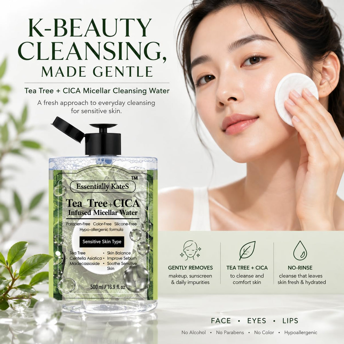 Essentially KateS Korean Micellar Water Makeup Remover 16.9 Fl Oz – NO stinging, NO tightness, NO over-drying - SuperHydrating No-Rinse Facial Cleanser for Sensitive Skin