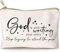 HubbgDesign God is Still Writing Your Story Travel Bag Funny Christian Women of the Bible Makeup Bag Bible Quote Christian Quotes Scripture Makeup Pouch Linen Cotton Bag